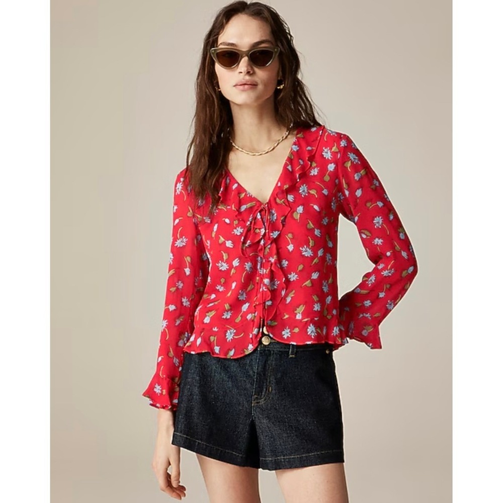 J.Crew Ruffle Tie-Front Top in Chiffon Red‎ Floral Blouse Long Sleeve Feminine 8